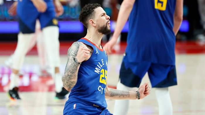 Denver Nuggets guard Austin Rivers (25) reacts after a three-point basket during the second half of game three in the first round of the 2021 NBA Playoffs